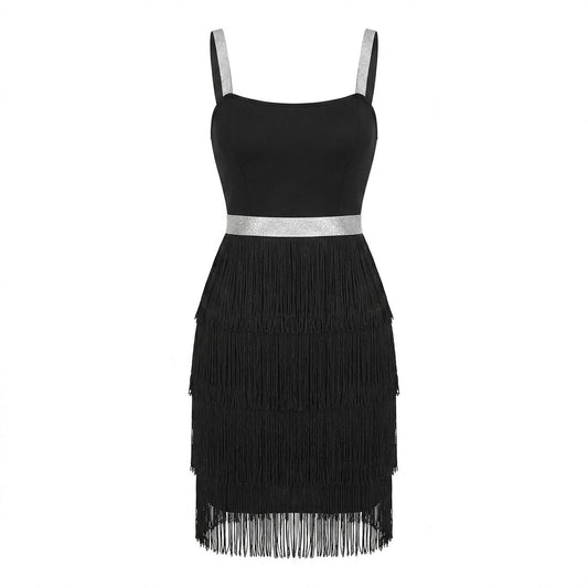 Black Bandage Fringes Mini Dress with Silver Straps