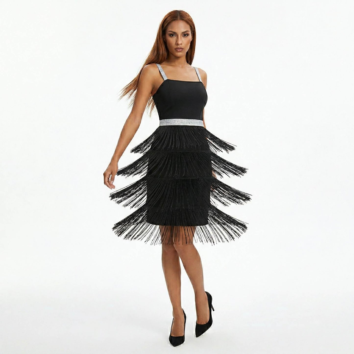 Black Bandage Fringes Mini Dress with Silver Straps