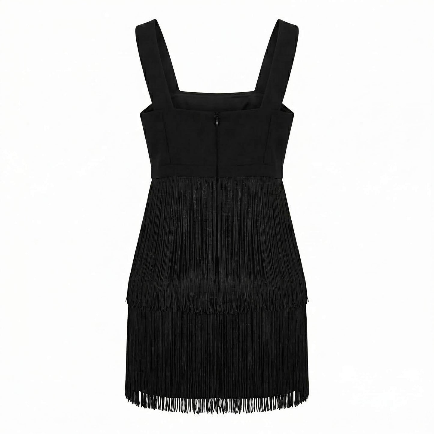 Black Stretch Polyester Fringes Mini Dress