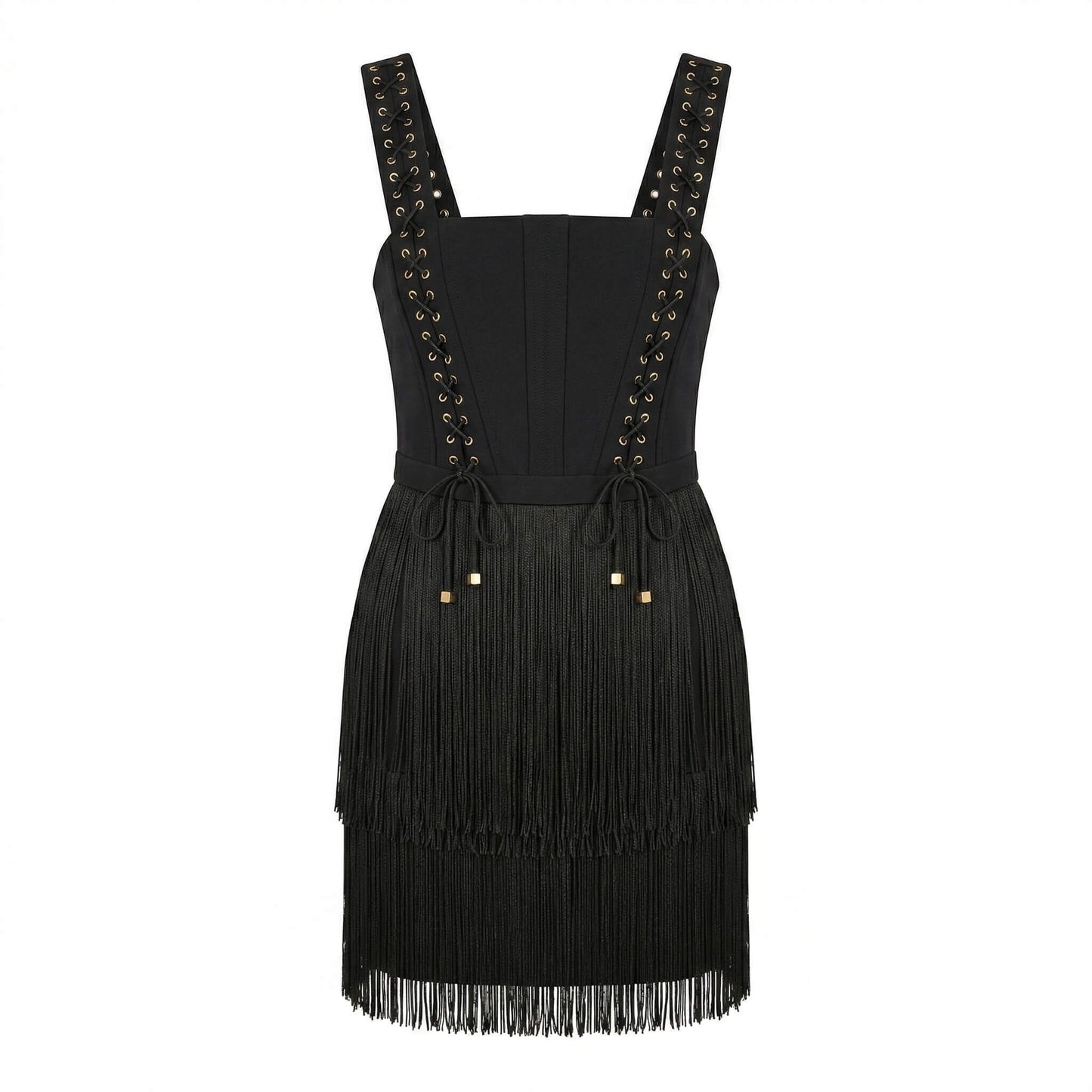 Black Stretch Polyester Fringes Mini Dress