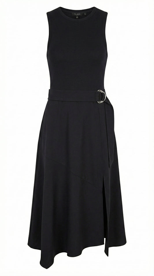 Black Silk Stretch Pleated Midi Dress