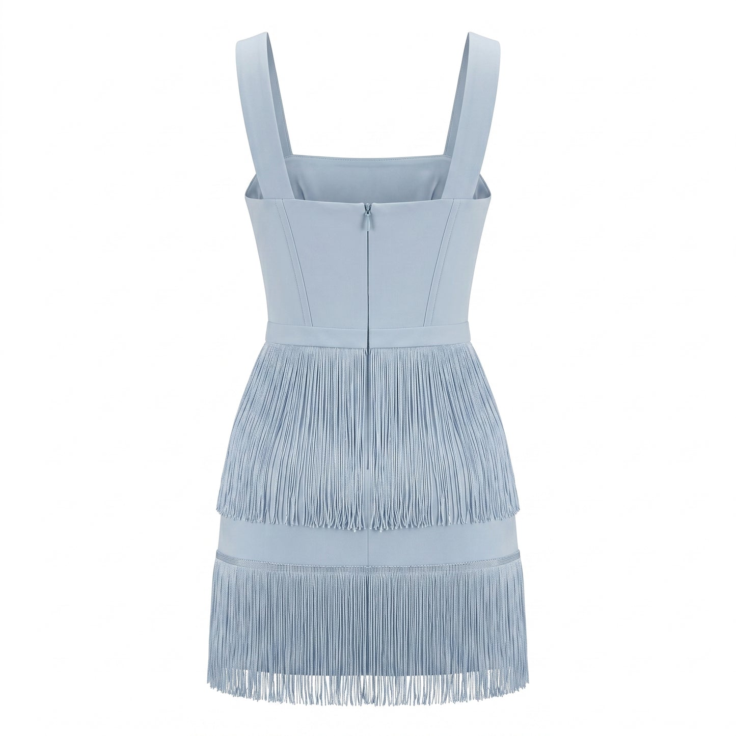 Blue Mini Cotton Stretch Dress with Fringes