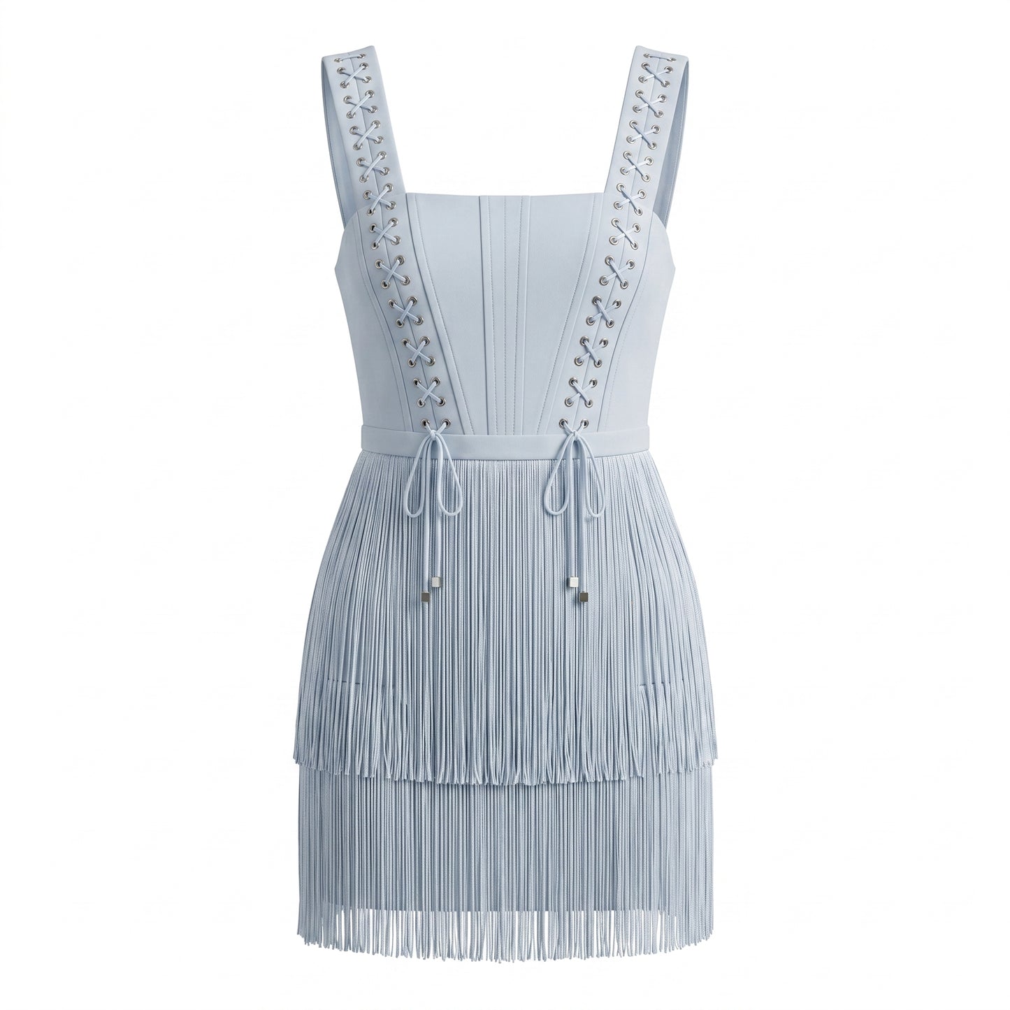 Blue Mini Cotton Stretch Dress with Fringes