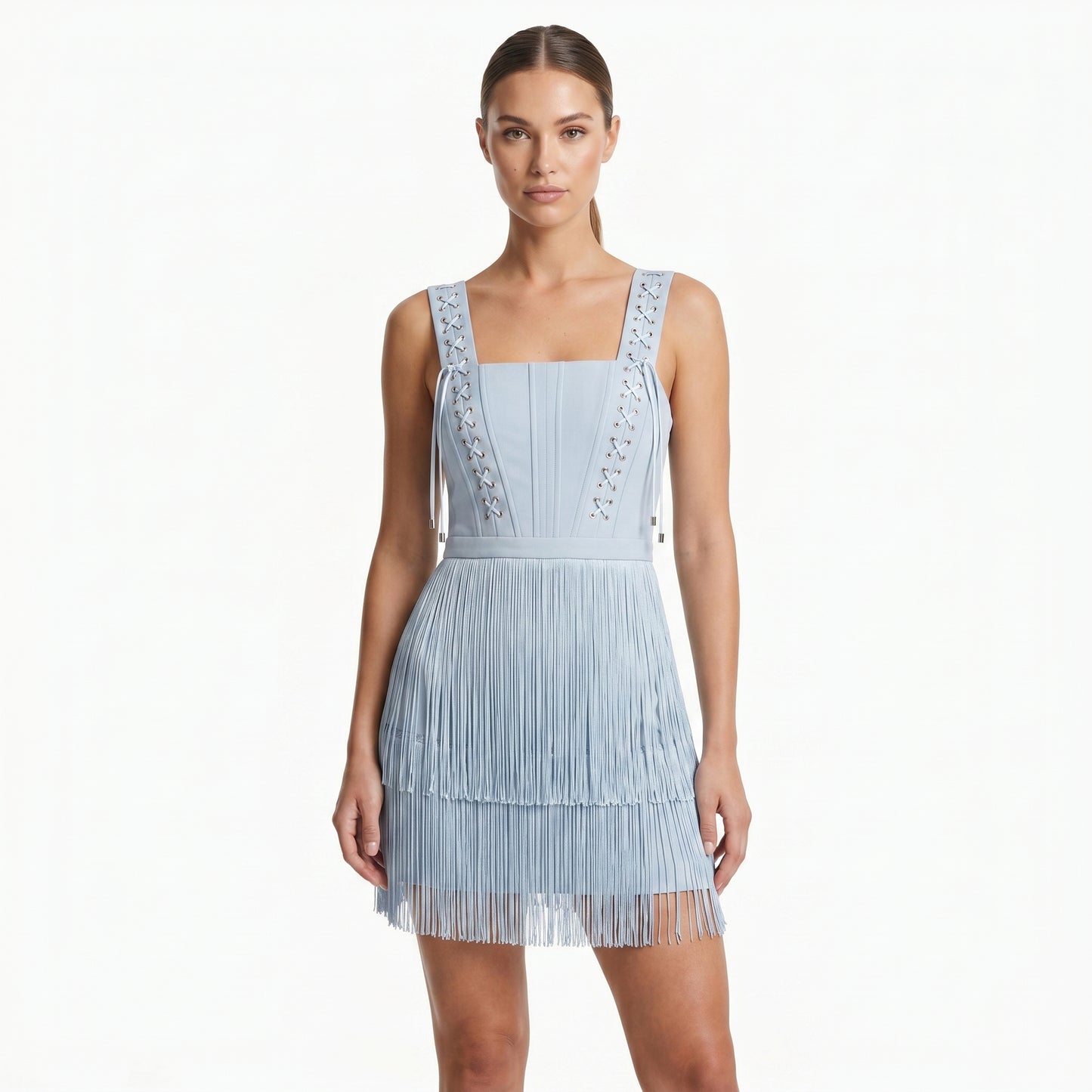 Blue Mini Cotton Stretch Dress with Fringes