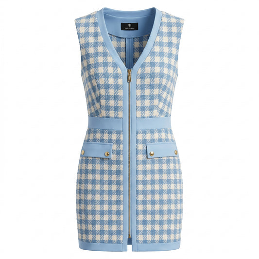 Mini Blue and White Cotton Dress with Polyester Shell