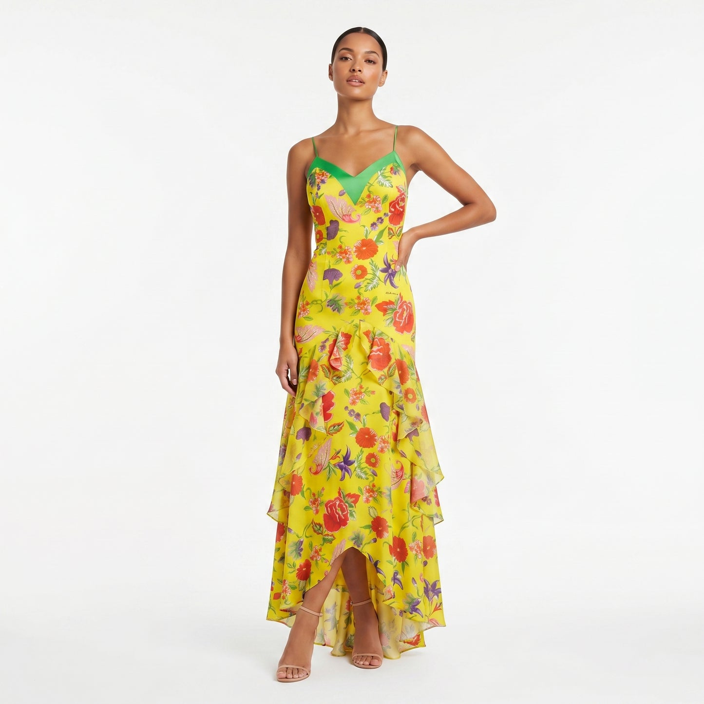 Yellow Flower Silk Long Dress