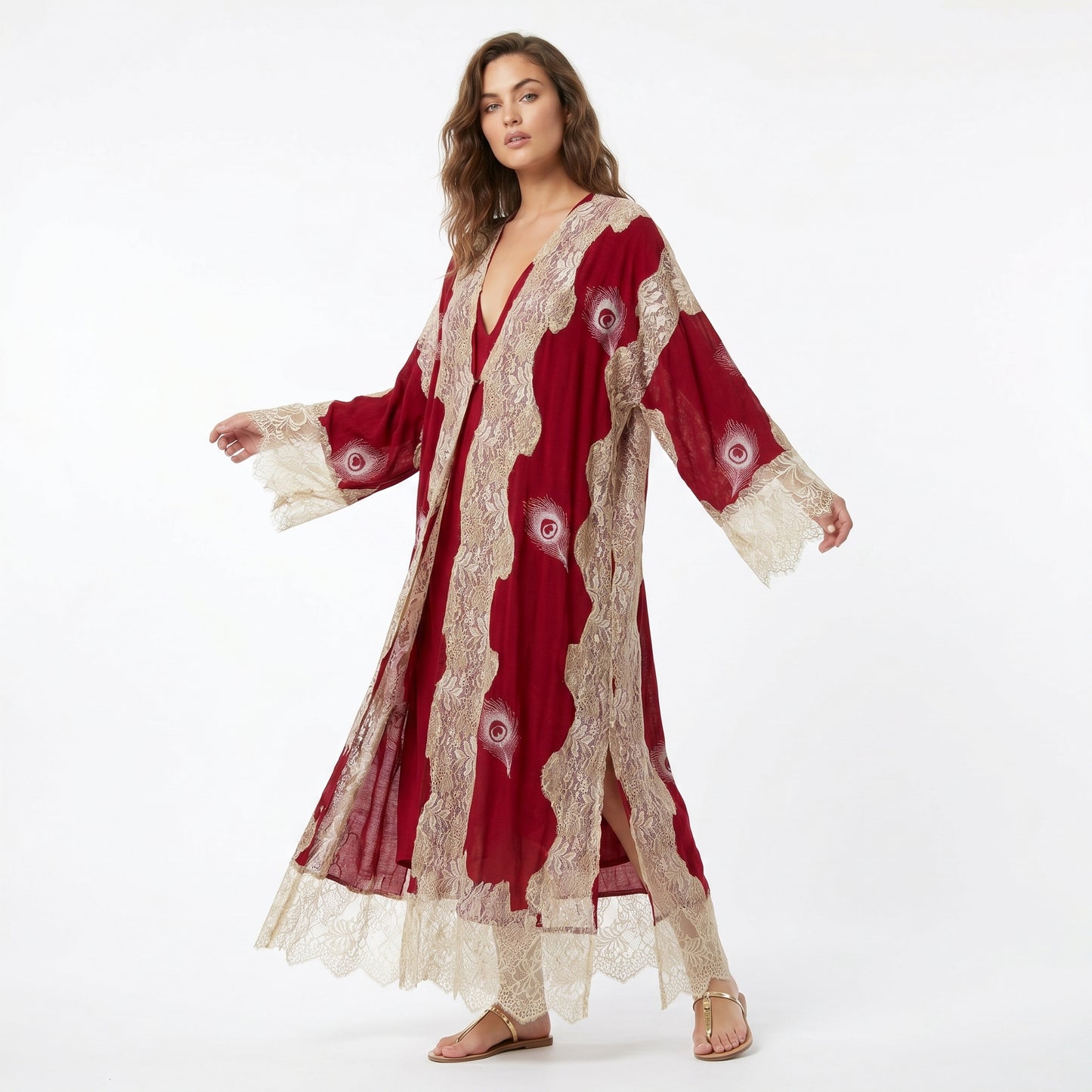 Dark Red Shatush Lace Long Kimono