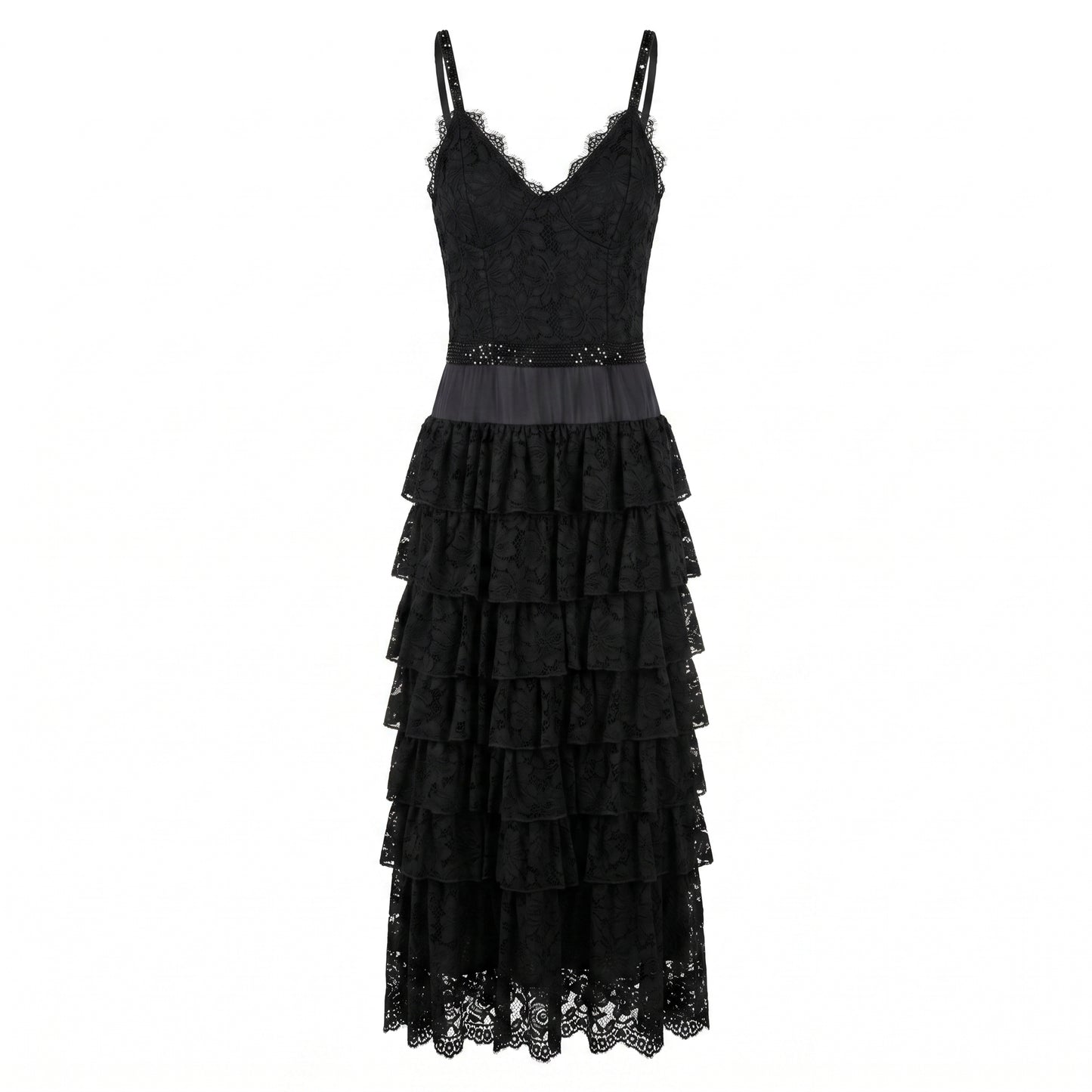 Black Long Lace Silk Dress
