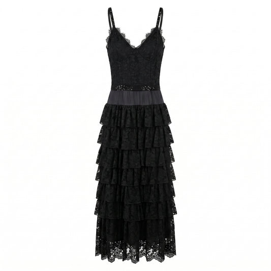 Black Long Lace Silk Dress