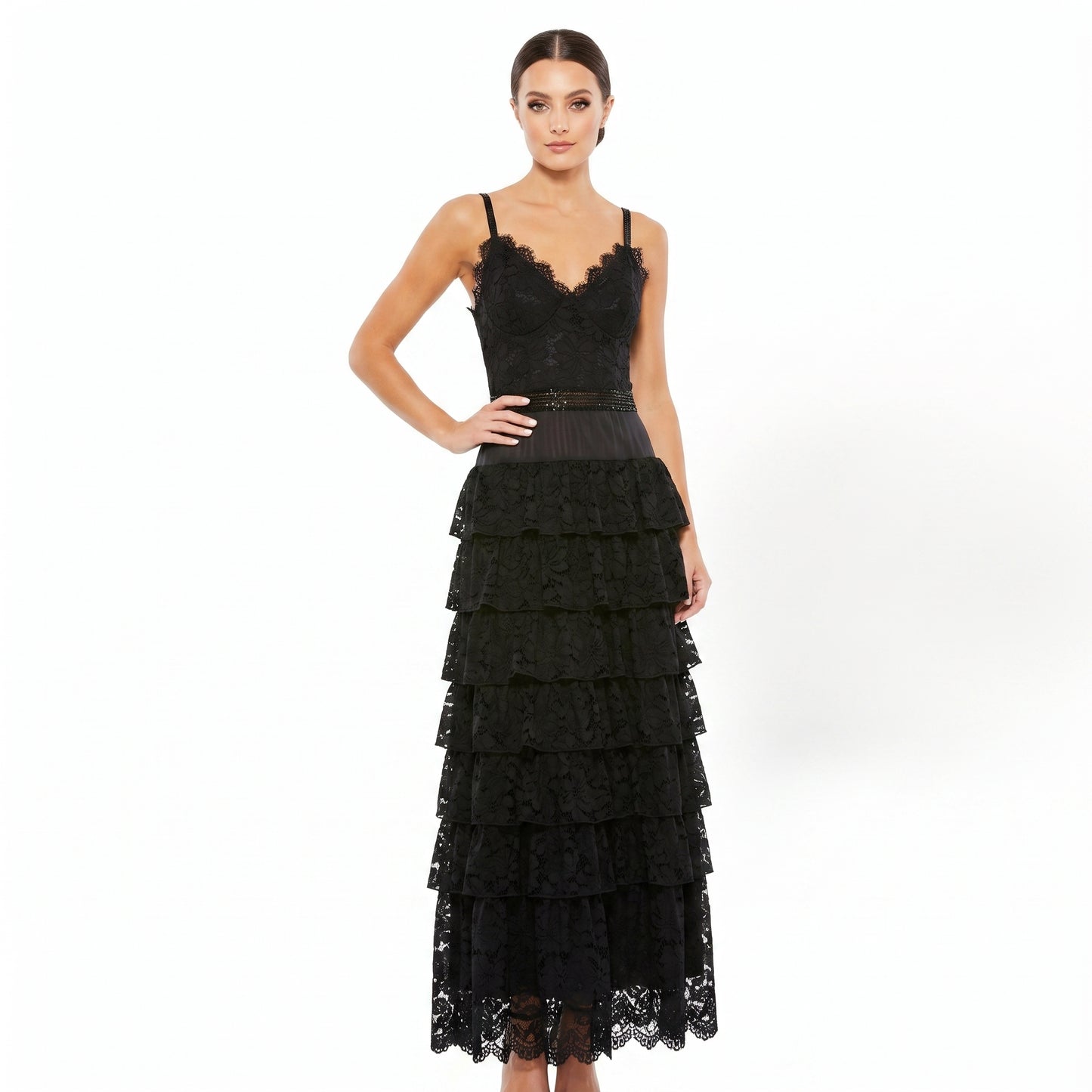 Black Long Lace Silk Dress