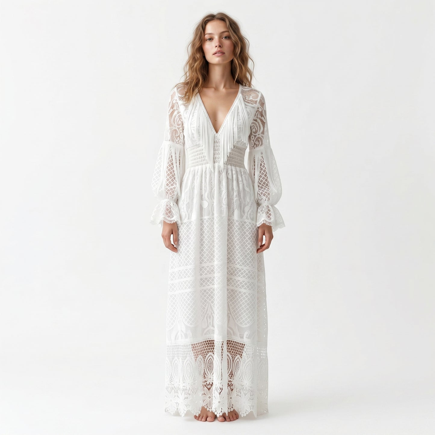 White Lace Long Cotton Dress