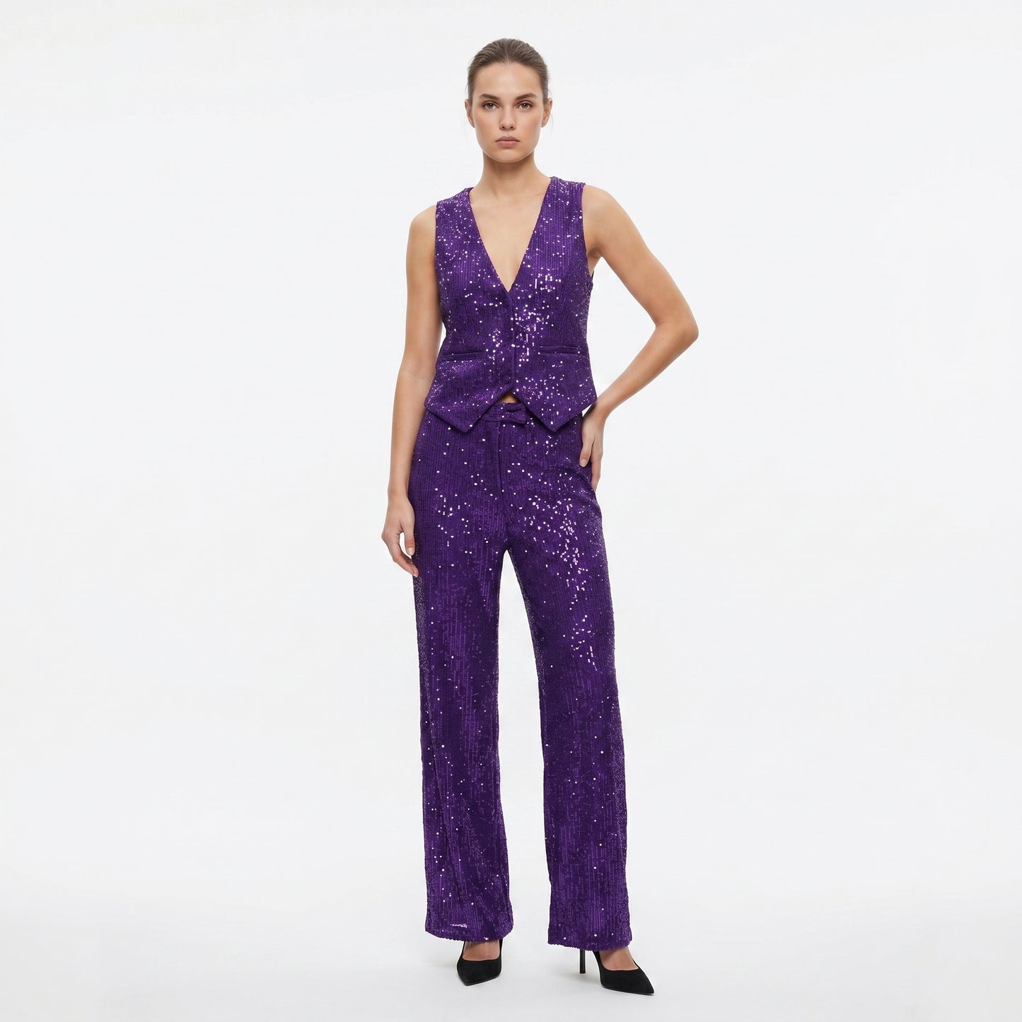 Hand-made Sequins Purple Pants + Vest