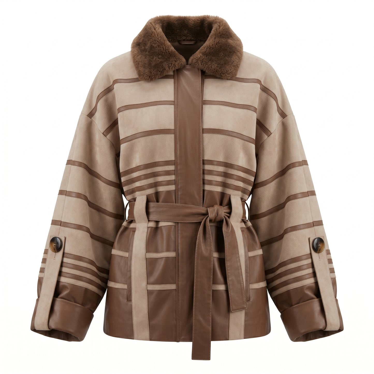 Beige Suede and Leather Fur Jacket