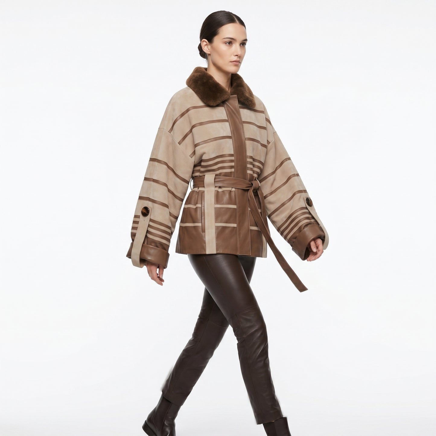 Beige Suede and Leather Fur Jacket