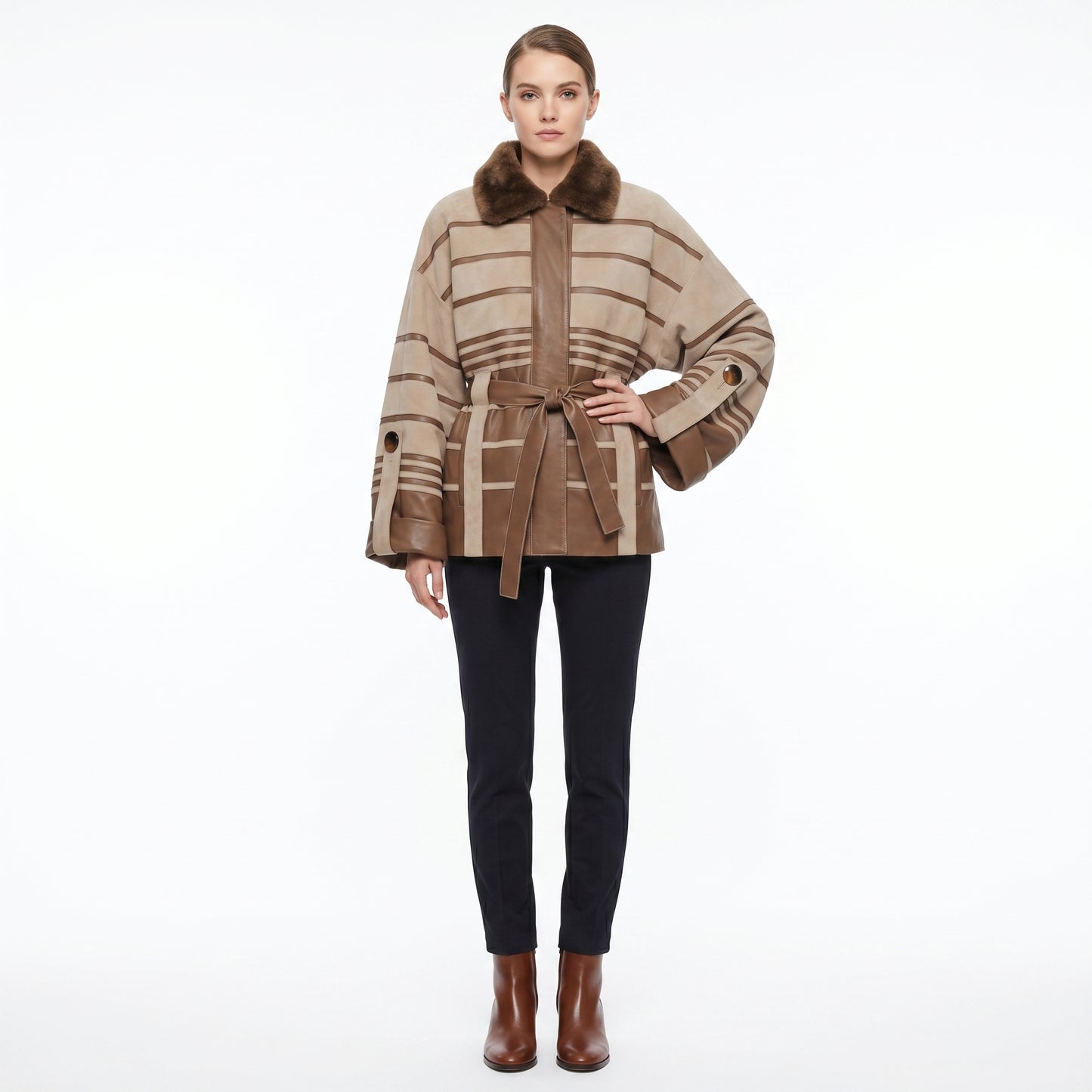 Beige Suede and Leather Fur Jacket