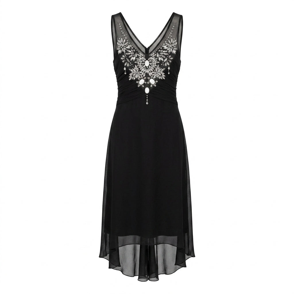 Black Silk Chiffon Long Dress Transparent Embroidered with Swarovski