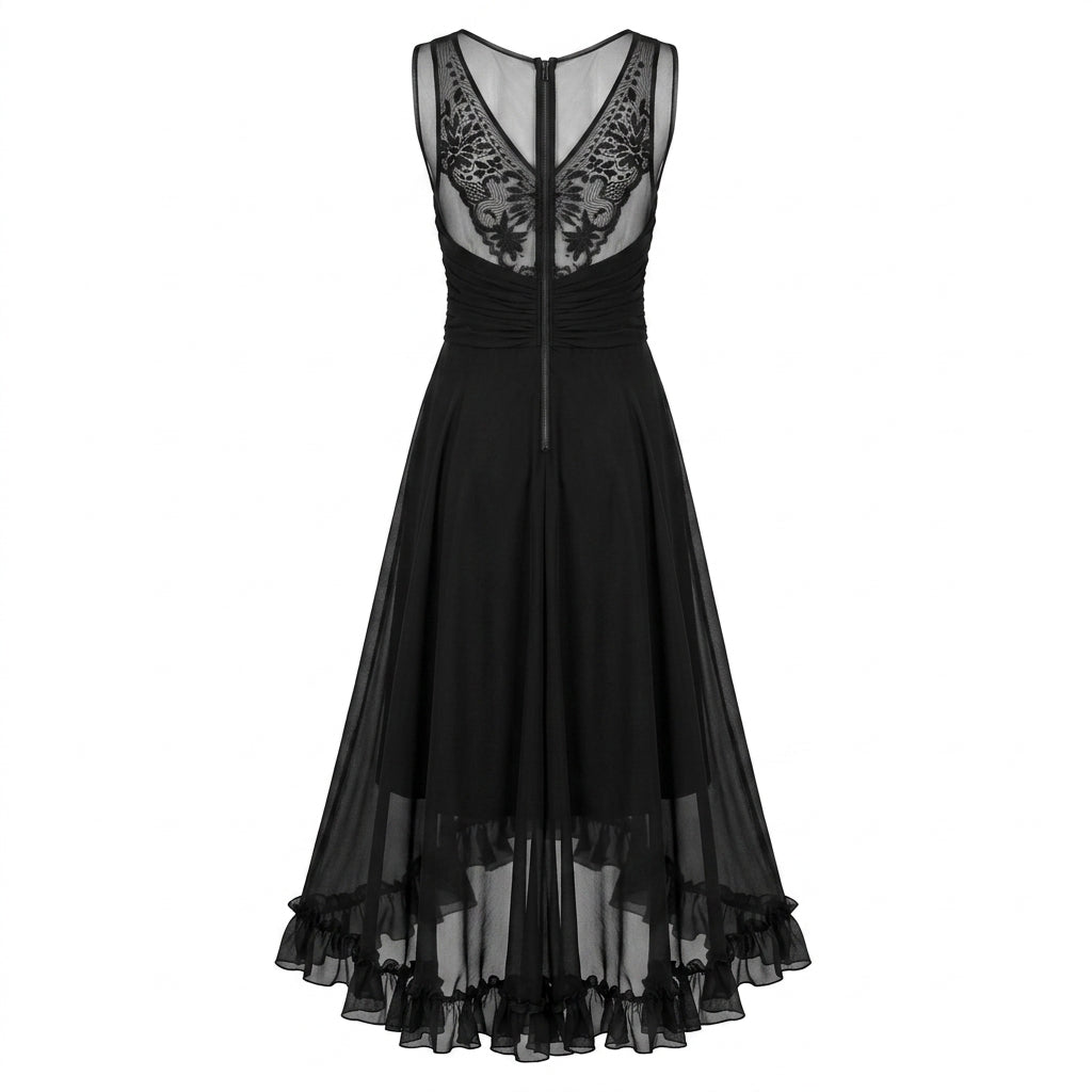 Black Silk Chiffon Long Dress Transparent Embroidered with Swarovski