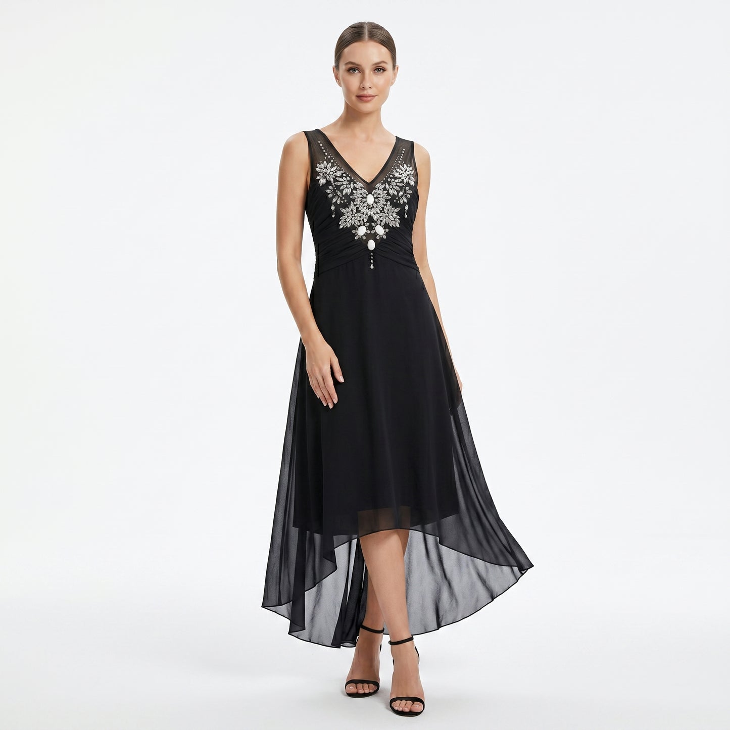 Black Silk Chiffon Long Dress Transparent Embroidered with Swarovski