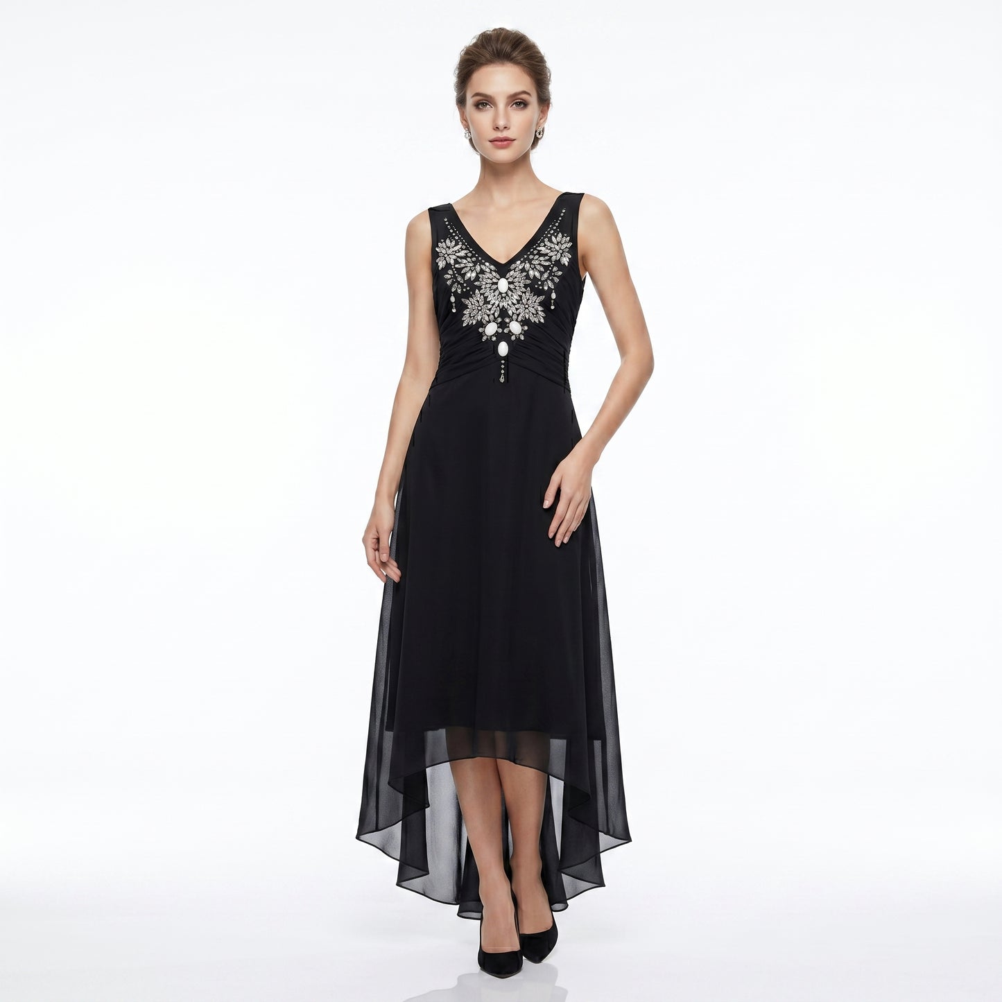 Black Silk Chiffon Long Dress Transparent Embroidered with Swarovski
