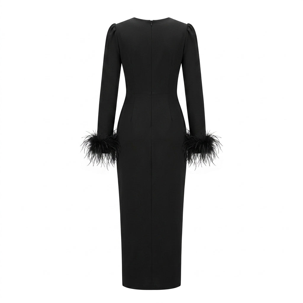 Long Black Stretch Gown with Feathers