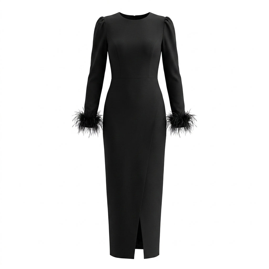 Long Black Stretch Gown with Feathers