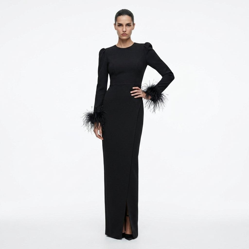 Long Black Stretch Gown with Feathers