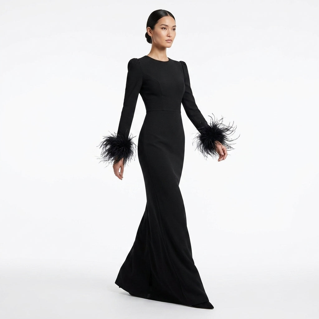 Long Black Stretch Gown with Feathers