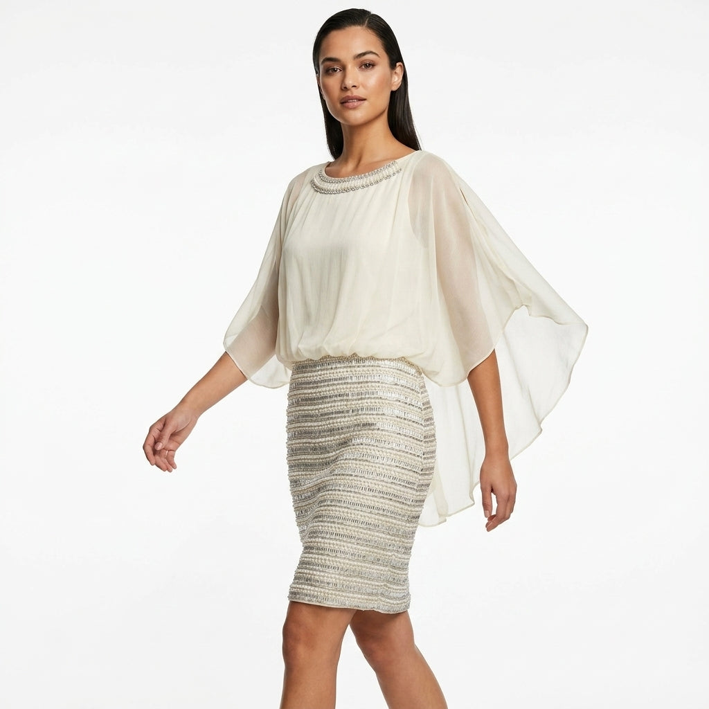 Silk Chiffon Embroidered Dress with Sequins, Handmade