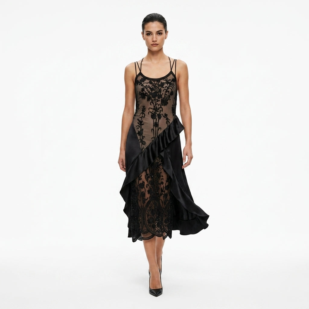 Silk Black Transparent Embroidered Dress
