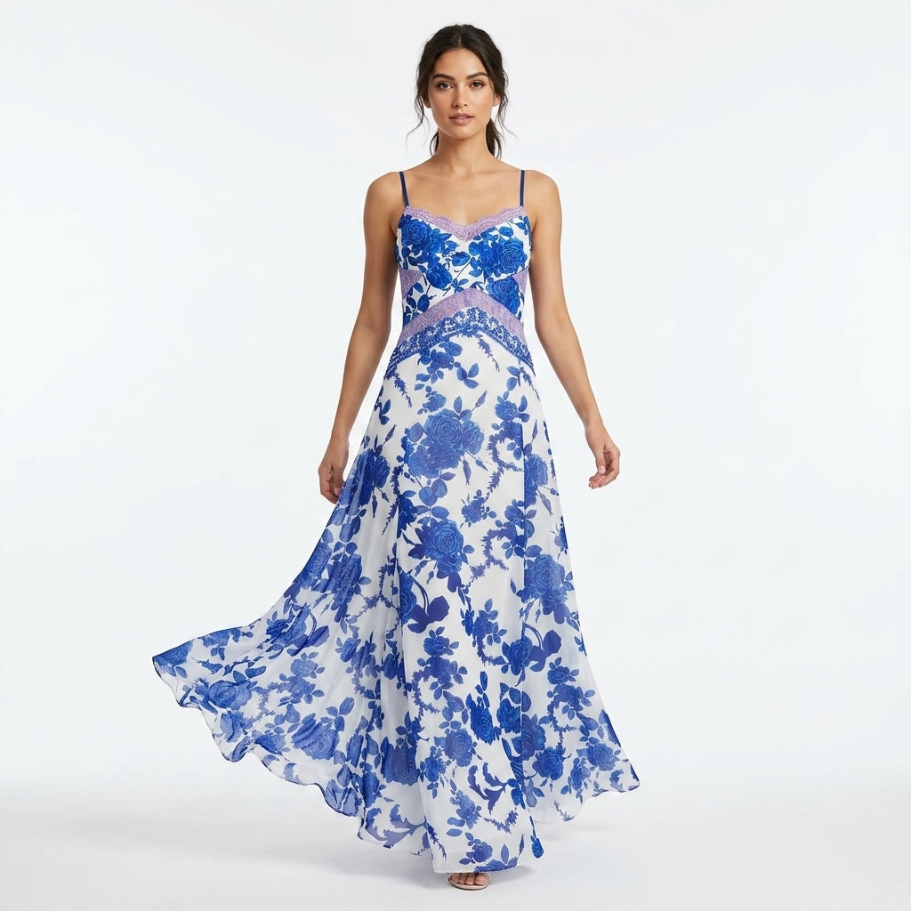 Blue and White Chiffon Long Gown