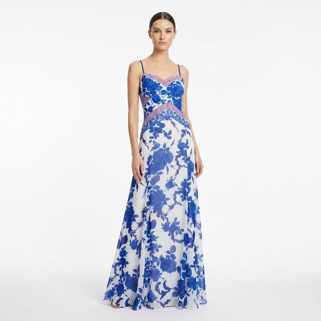 Blue and White Chiffon Long Gown