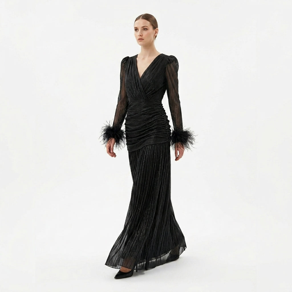 Black Long Gown with Feathers.
