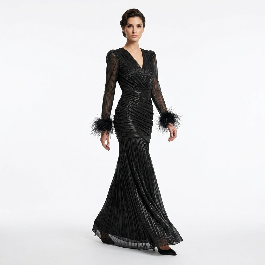 Black Long Gown with Feathers.