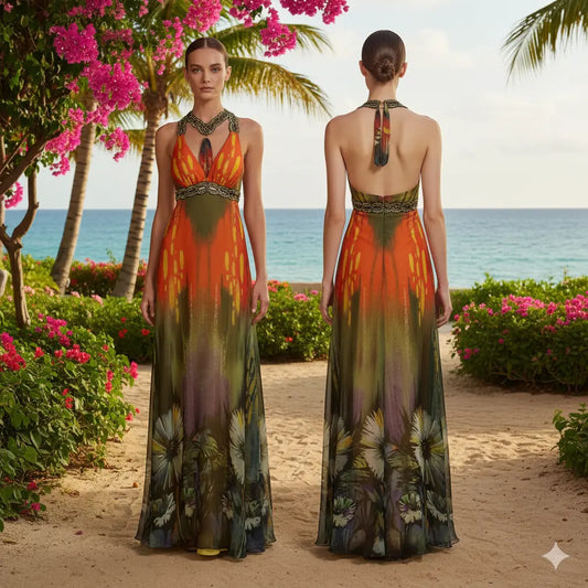 Multicolor Green Orange Long Gown Marcella Acosta Couture Collection