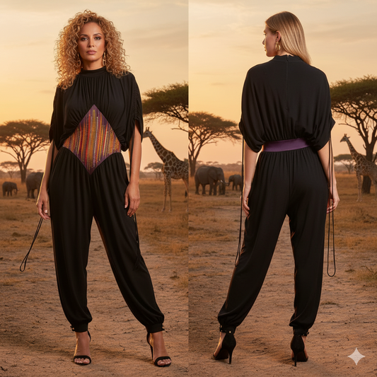 Marcella Acosta Black Jumpsuit with Multicolor Stones.