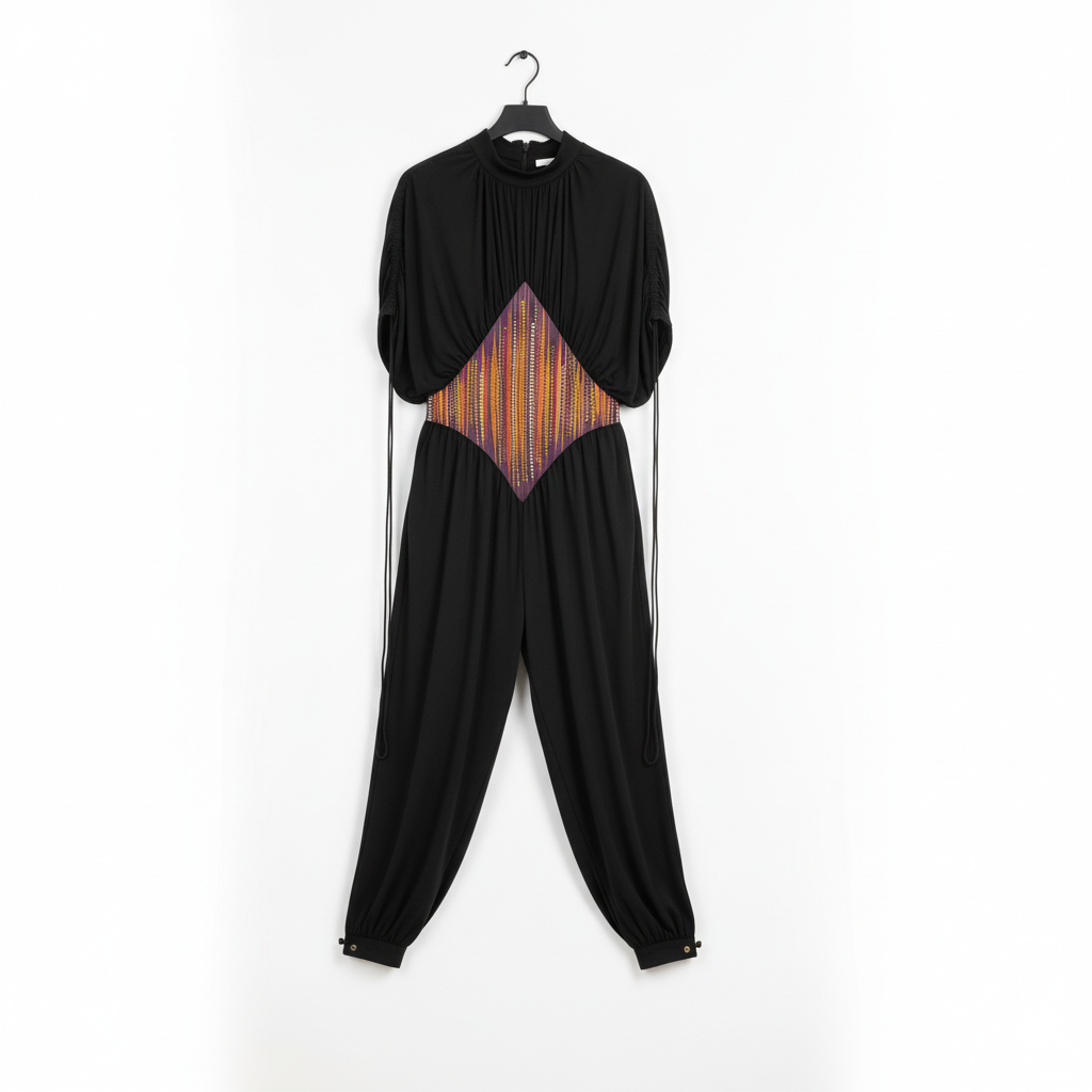 Marcella Acosta Black Jumpsuit with Multicolor Stones.