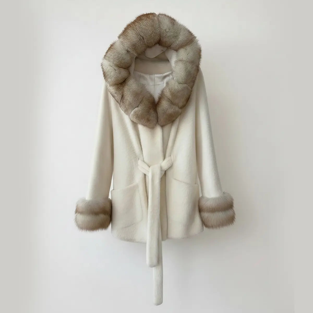 Real Fox, and Alcantara Big White Coat Marcella Acosta Couture Collection