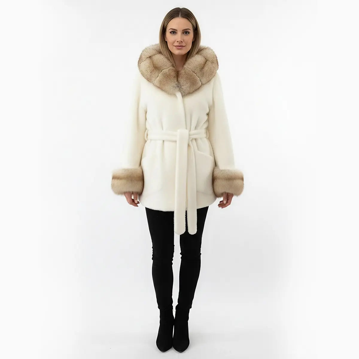 Real Fox, and Alcantara Big White Coat Marcella Acosta Couture Collection