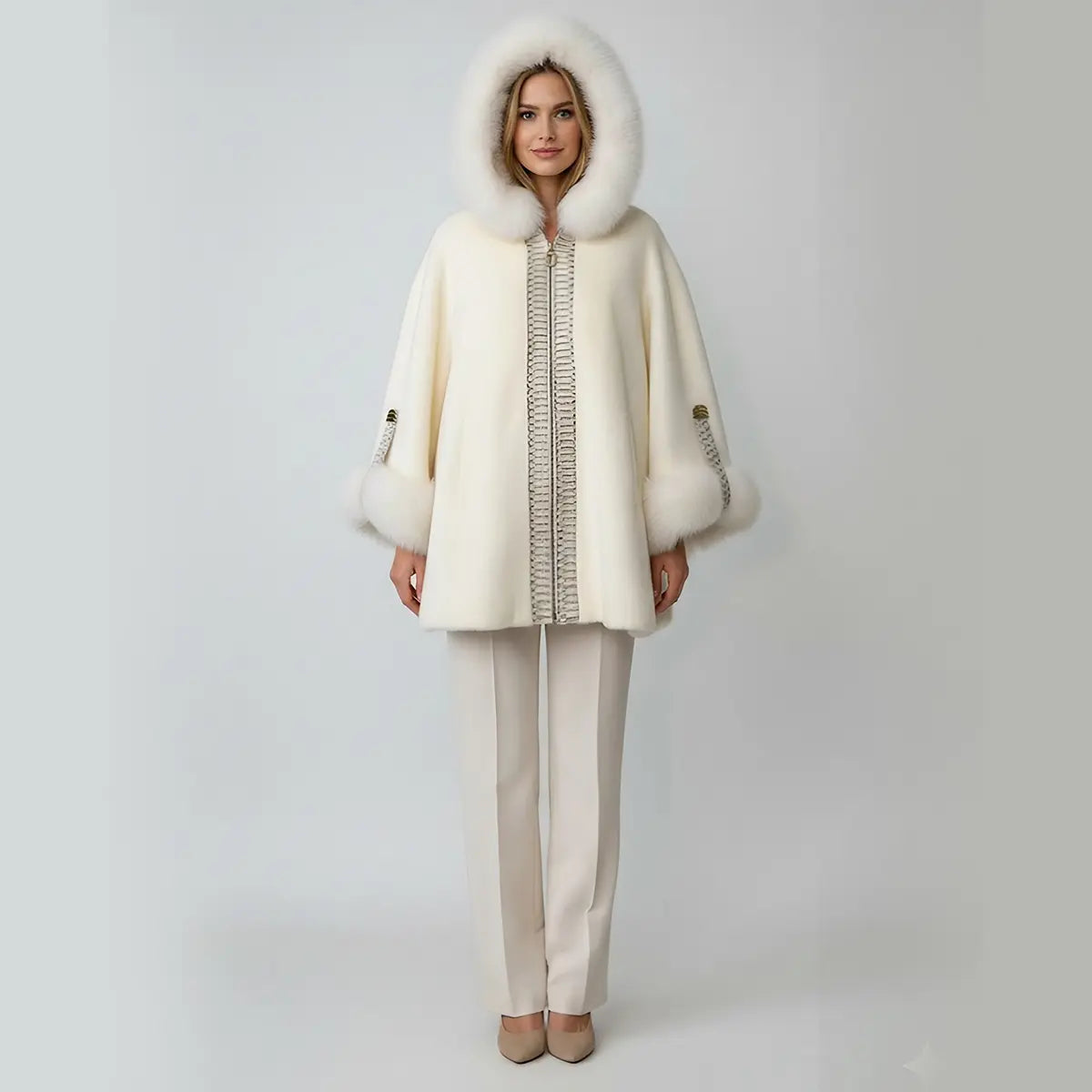 Long White Jacket with Fox Alcantara and Snake Skin Marcella Acosta Couture Collection